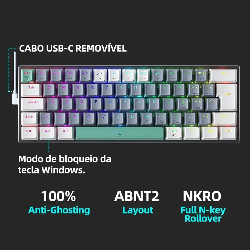 Machenike K500-B61 Mini Mechanical Keyboard 60% ABNT2 Layout RGB Backlight Hot-Swappable NKRO Wired Gaming Keyboard for PC Gamer