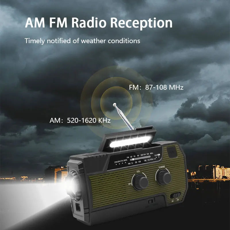 Portable Emergency Radio 4000Mah Solar Hand Crank Cell Phone Charger Radios AM/FM LED Flashlight Outdoor Indoor Light Night