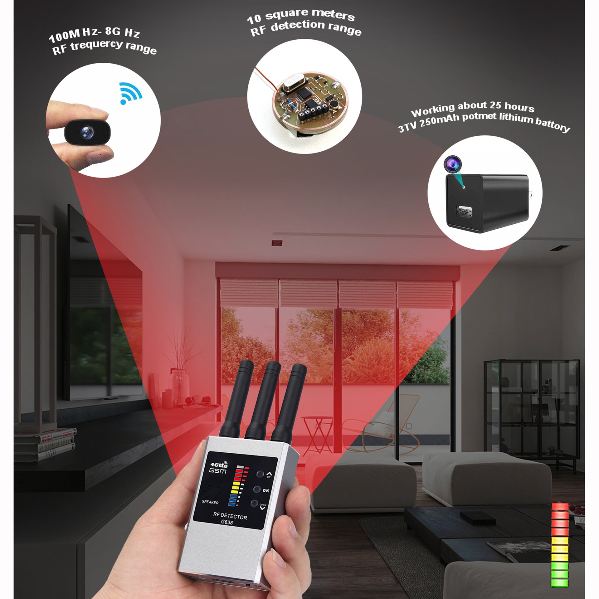 RF Bug Detector and Hidden Camera Finder for Anti-Spy Listening Detection