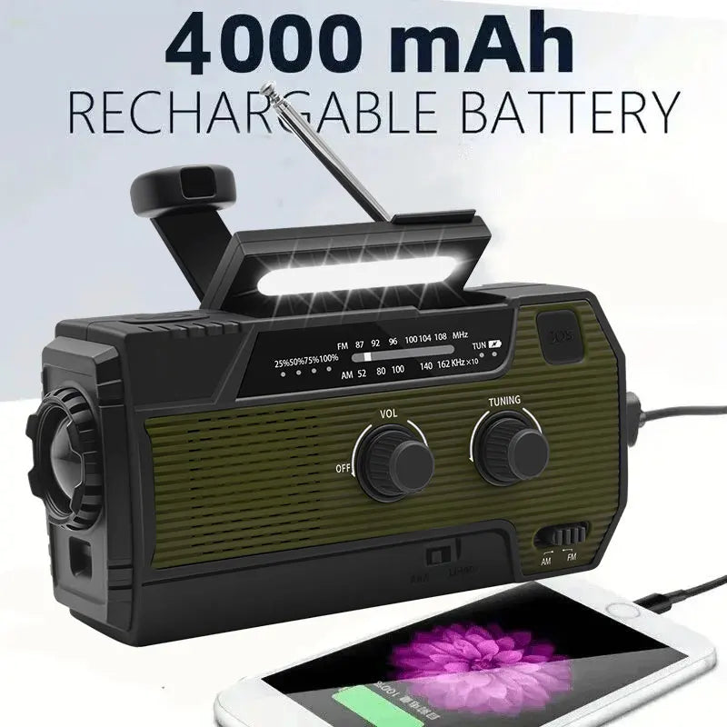 Portable Emergency Radio 4000Mah Solar Hand Crank Cell Phone Charger Radios AM/FM LED Flashlight Outdoor Indoor Light Night