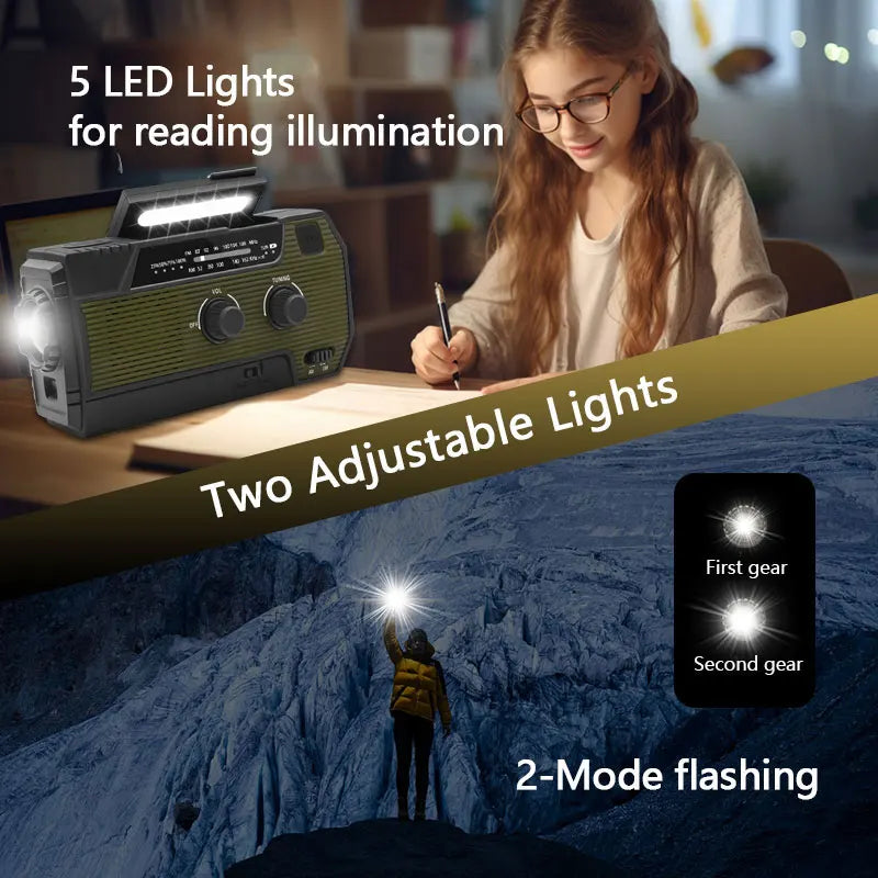 Portable Emergency Radio 4000Mah Solar Hand Crank Cell Phone Charger Radios AM/FM LED Flashlight Outdoor Indoor Light Night